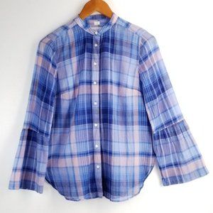 Loft Chambray Knit Softened Plaid Shirt Bell Sleeve